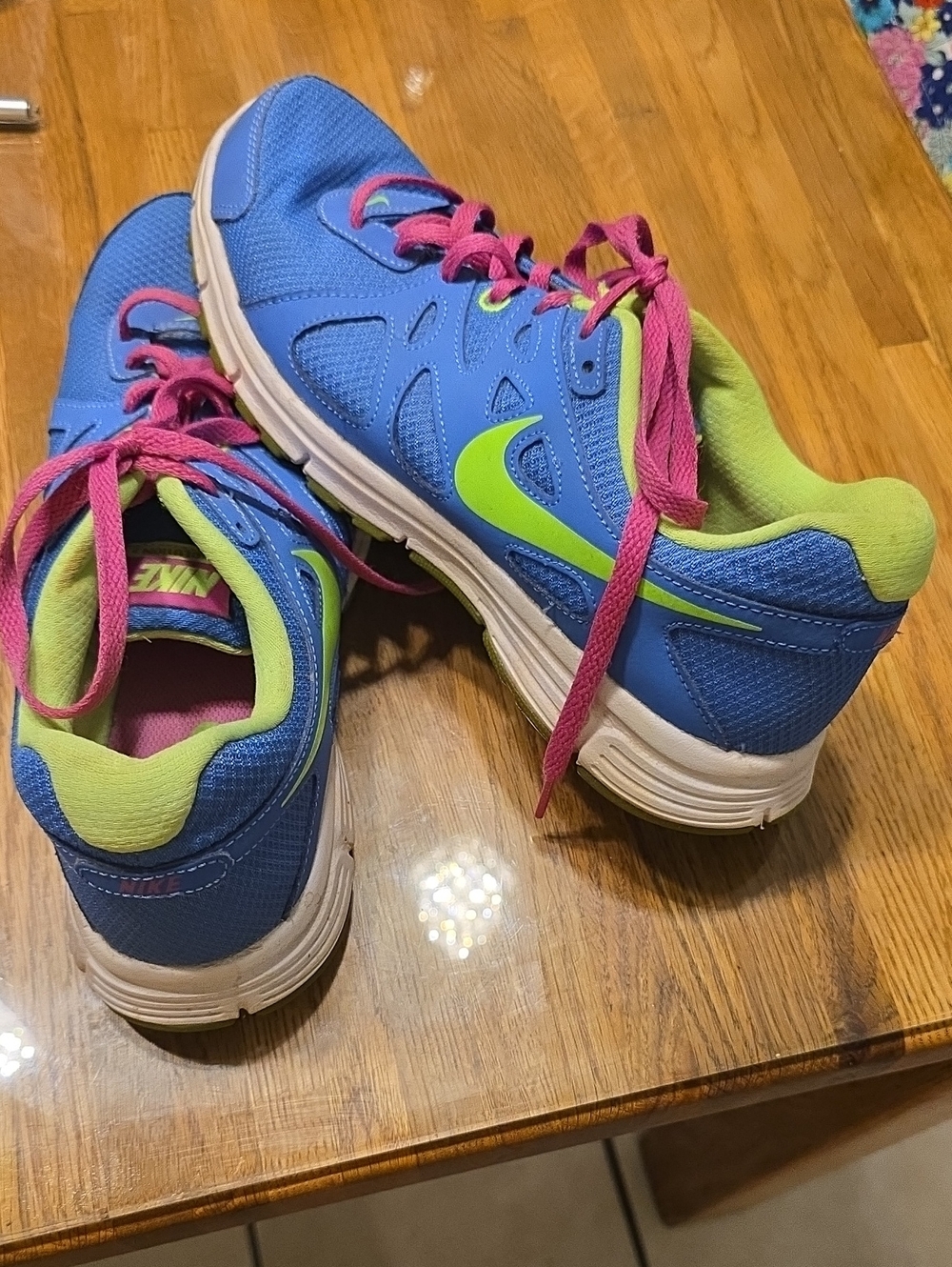 Nike Women's Blue Running Sneakers with Pink Laces and Lime Swoosh